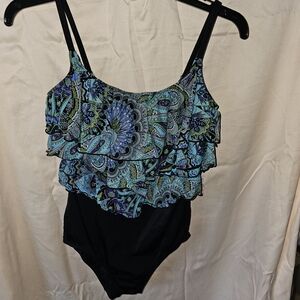 Longitude Black One-Piece Swimsuit with Blue-Green Paisley Ruffle